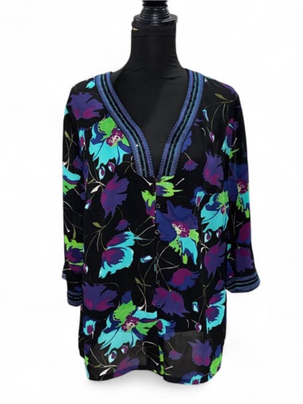 Maggie Barnes Black Tunic with Teal, Purple & Lime Floral Print